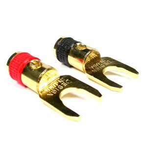 Gold Plated Spade Terminal - 1/4″ Screw - 8 AWG - Red - 2-Pack