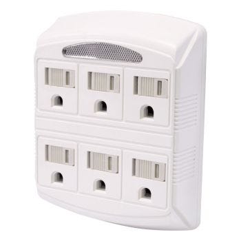 Multiprise murale à 6 prises avec veilleuse - 125V - 15A - Blanc