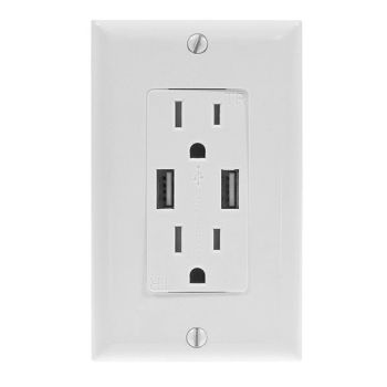Prise Décora double inviolable avec 2 ports USB - 125 V - 15 A - Blanc