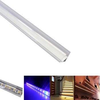 Rail de coin 45° en aluminium pour bande de lumières DEL - Couvercle transparent - 15 mm X 1 m