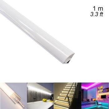 Rail de coin 45° en aluminium pour bande de lumières DEL - Couvercle givré - 15 mm X 1 m
