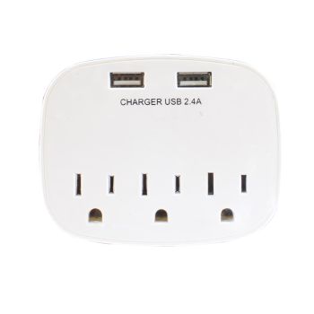 Multiprise murale à 3 prises et 2 ports USB 2.4A - Blanc
