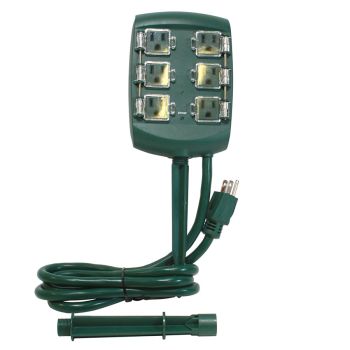 6-Outlet Power Bar with Stake and Photoelectric Sensor - Outdoor - 125 V - 15 A - Green - 1.82 m