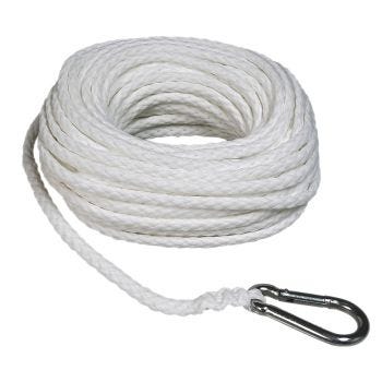 Braided Polypropylene Anchor Rope with Carabiner - 9.5 mm X 22.8 m - 360 lbs - White