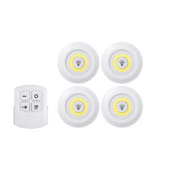 Set of 4 Adhesive COB LED Light Pucks with Remote Control - White