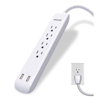 4-Outlet and 2-USB Port Surge Bar - 720 Joules - 15 A - White  - 1.2 m
