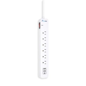 Barre de surtension à 6 prises avec 2 ports USB et 1 USB-C - 450 joules - 15 A - Blanc - 90 cm